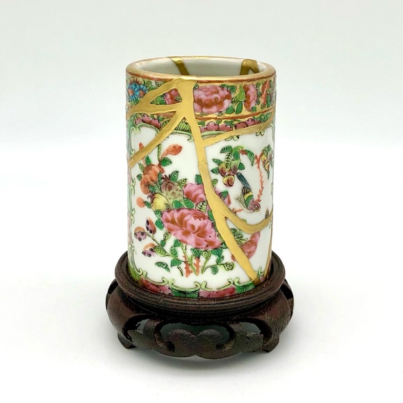Kintsugi Brush Pot Chinese Famille Rose Cup Gold Crack Art Personal Growth Gift - Picture 5 of 17